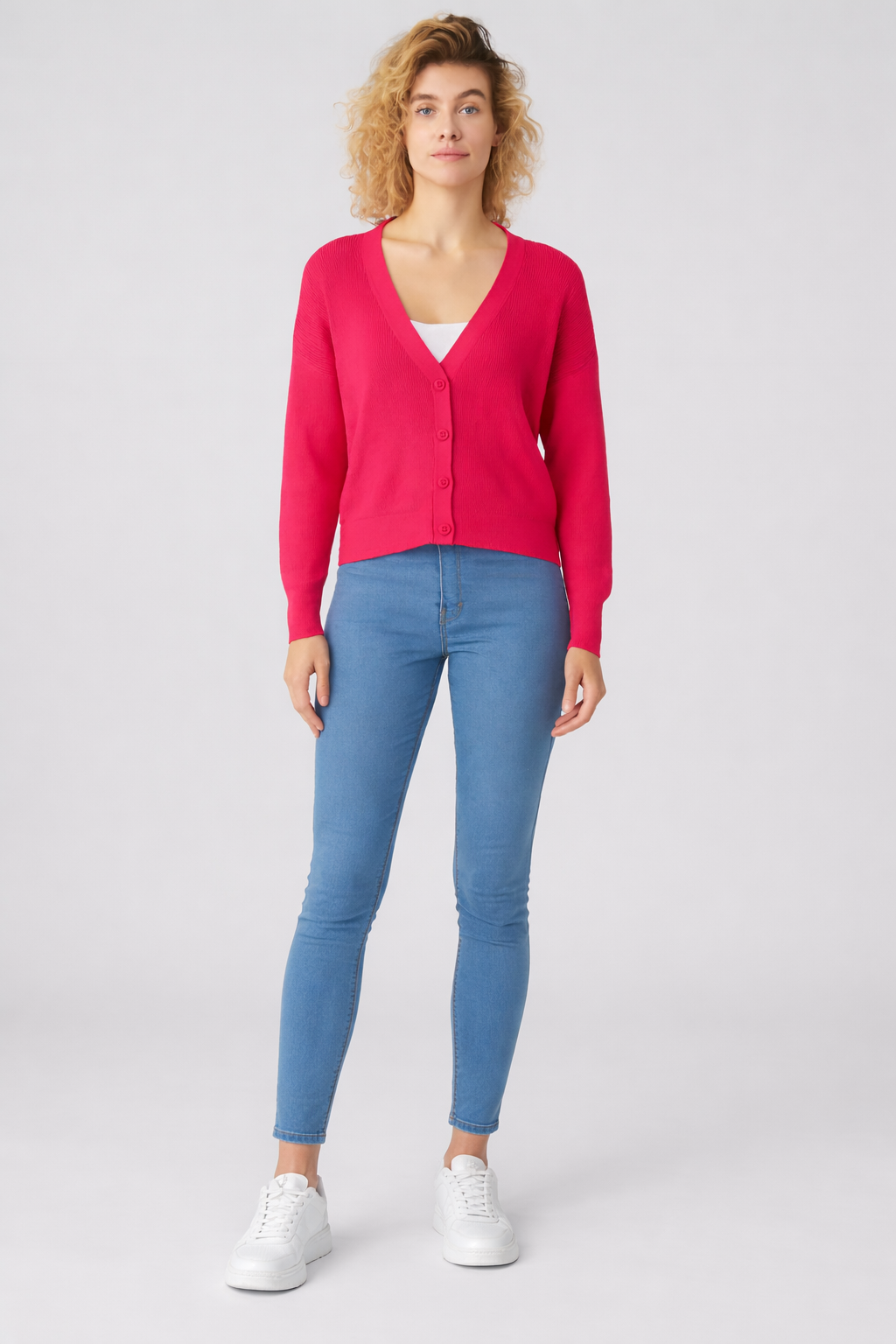 Pink V-Neck Button Down Cardigan Sweater | Down Shoulder Knit | Viscose Cotton Blend Winter Wear