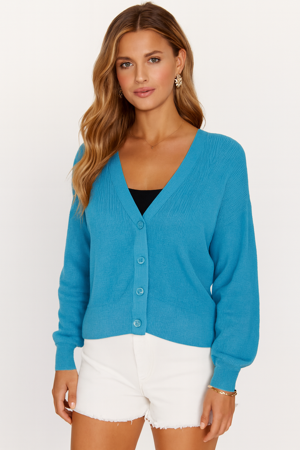 Sky Blue V-Neck Button Down Cardigan Sweater | Down Shoulder Knit | Viscose Cotton Blend Winter Wear