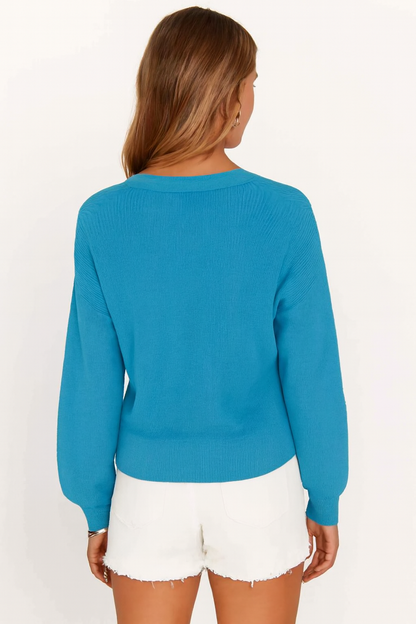 Sky Blue V-Neck Button Down Cardigan Sweater | Down Shoulder Knit | Viscose Cotton Blend Winter Wear