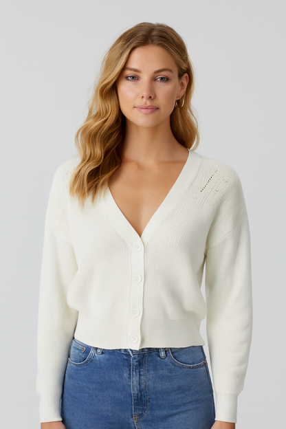 White V-Neck Button Down Cardigan Sweater | Down Shoulder Knit | Viscose Cotton Blend Winter Wear