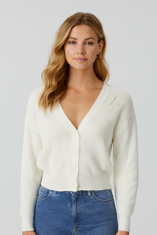 White V-Neck Button Down Cardigan Sweater | Down Shoulder Knit | Viscose Cotton Blend Winter Wear