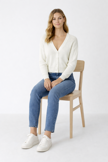 White V-Neck Button Down Cardigan Sweater | Down Shoulder Knit | Viscose Cotton Blend Winter Wear