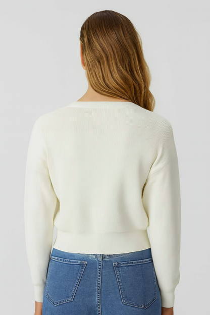 White V-Neck Button Down Cardigan Sweater | Down Shoulder Knit | Viscose Cotton Blend Winter Wear