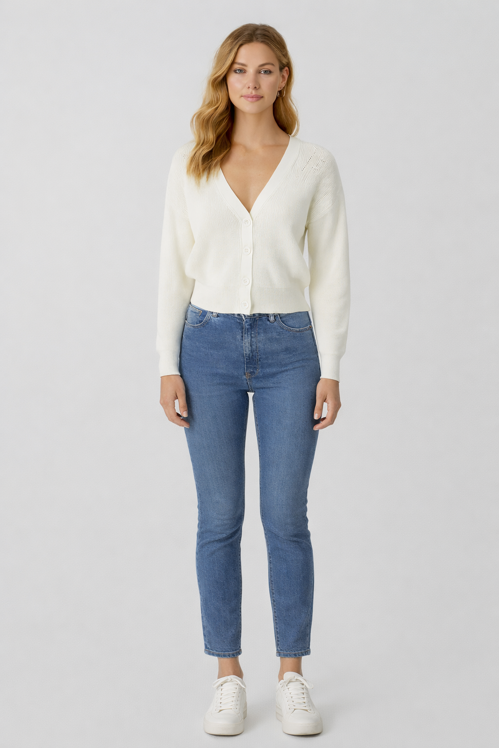 White V-Neck Button Down Cardigan Sweater | Down Shoulder Knit | Viscose Cotton Blend Winter Wear