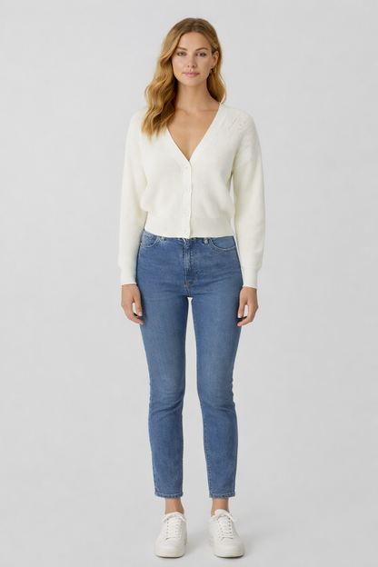 White V-Neck Button Down Cardigan Sweater | Down Shoulder Knit | Viscose Cotton Blend Winter Wear