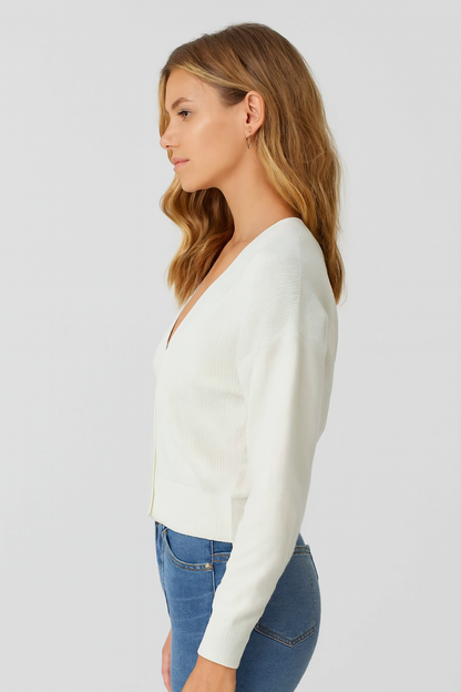 White V-Neck Button Down Cardigan Sweater | Down Shoulder Knit | Viscose Cotton Blend Winter Wear
