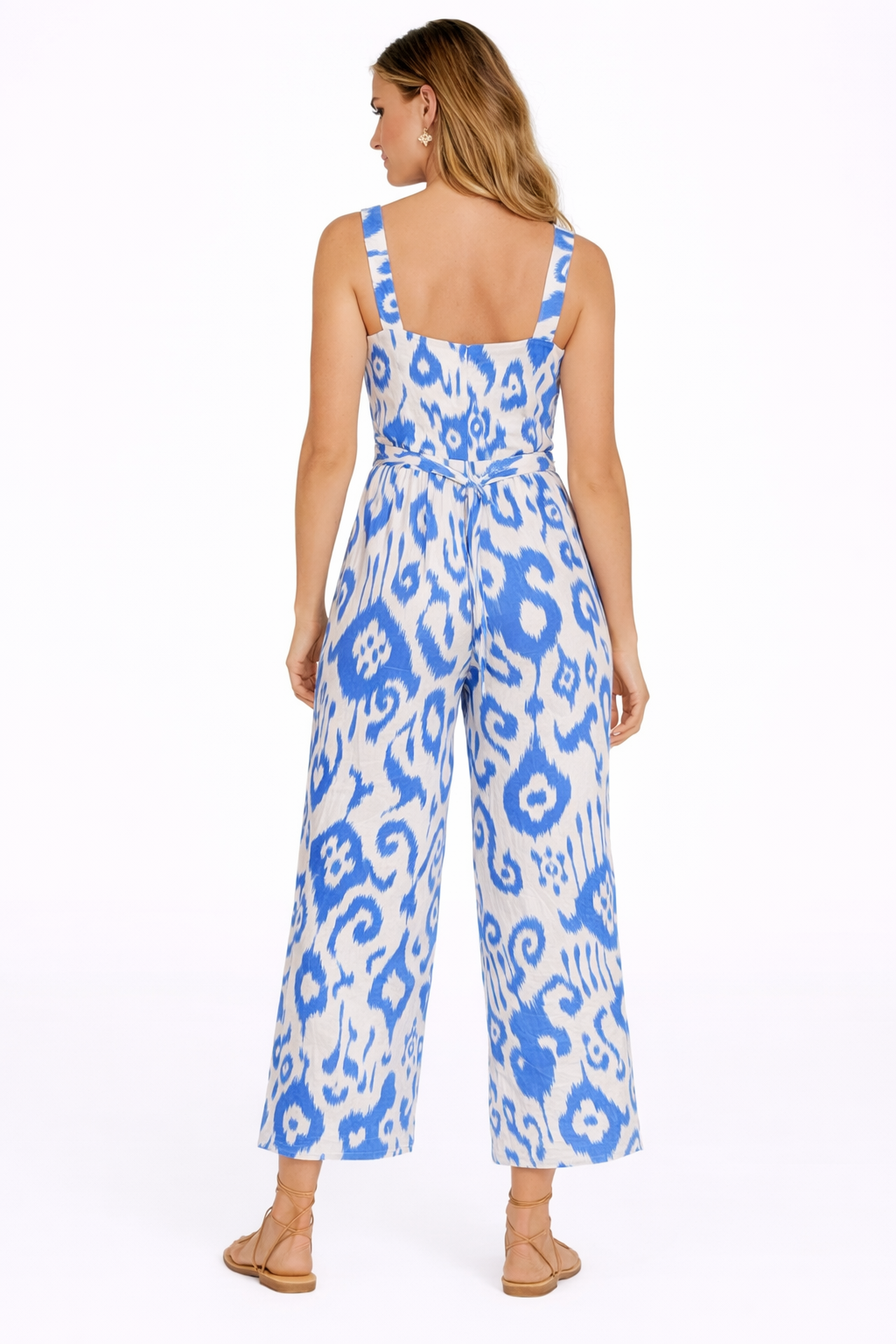 Blue & White Printed Sleeveless Viscose Jumpsuit with Side Pockets