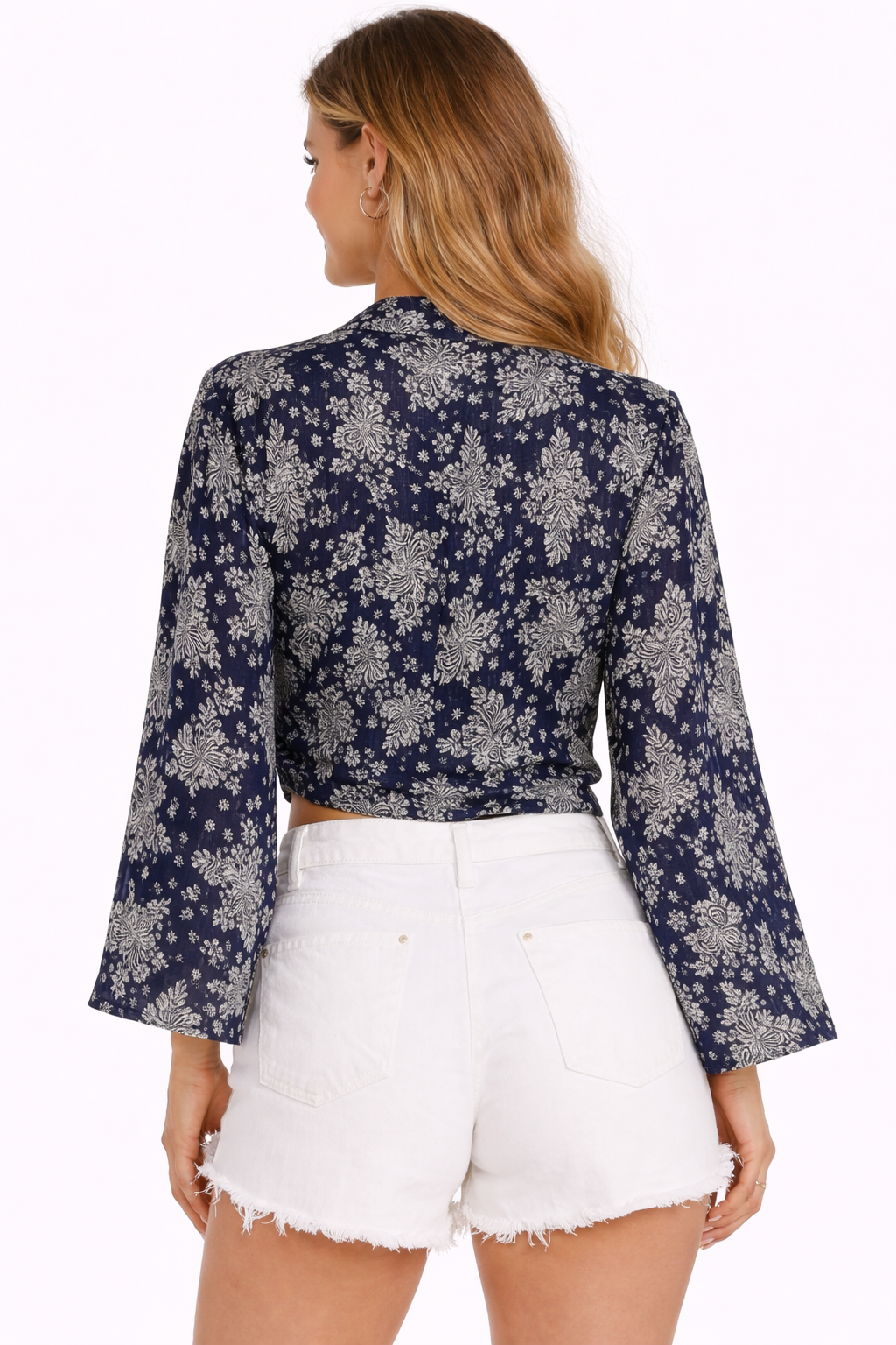 Dark Blue Floral Print Polyester Tie-Up Shrug Top (Free Size, Loose Fit)