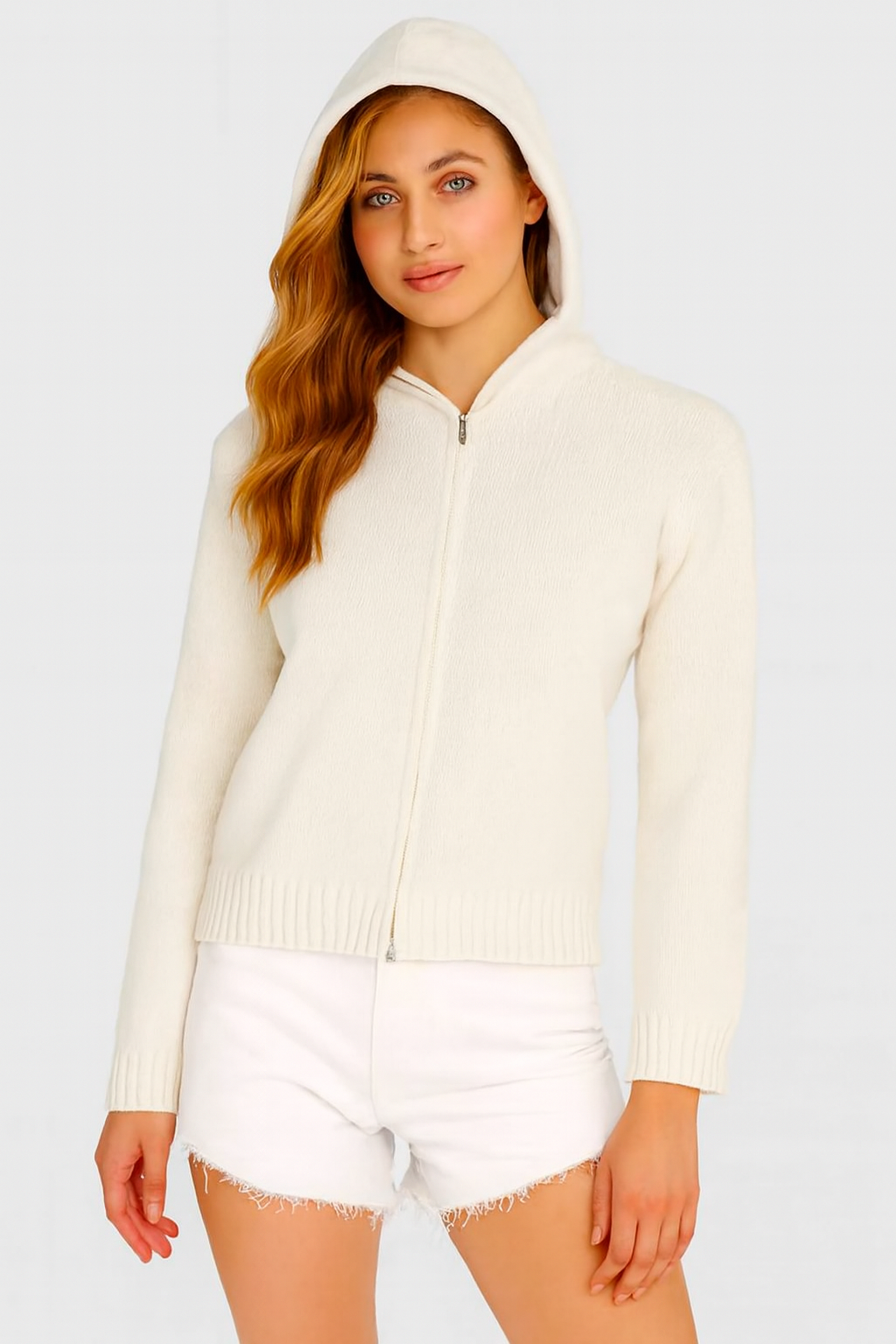 Polyester White Hooded Zip-Up Sweater | Soft Stretch Knit Sweatshirt