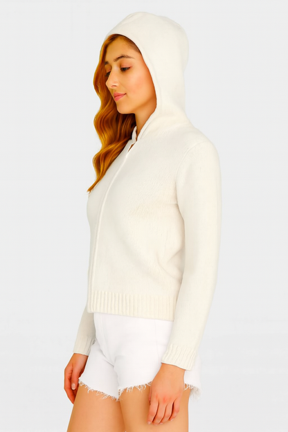 Polyester White Hooded Zip-Up Sweater | Soft Stretch Knit Sweatshirt