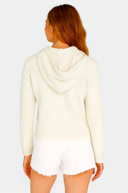 Polyester White Hooded Zip-Up Sweater | Soft Stretch Knit Sweatshirt
