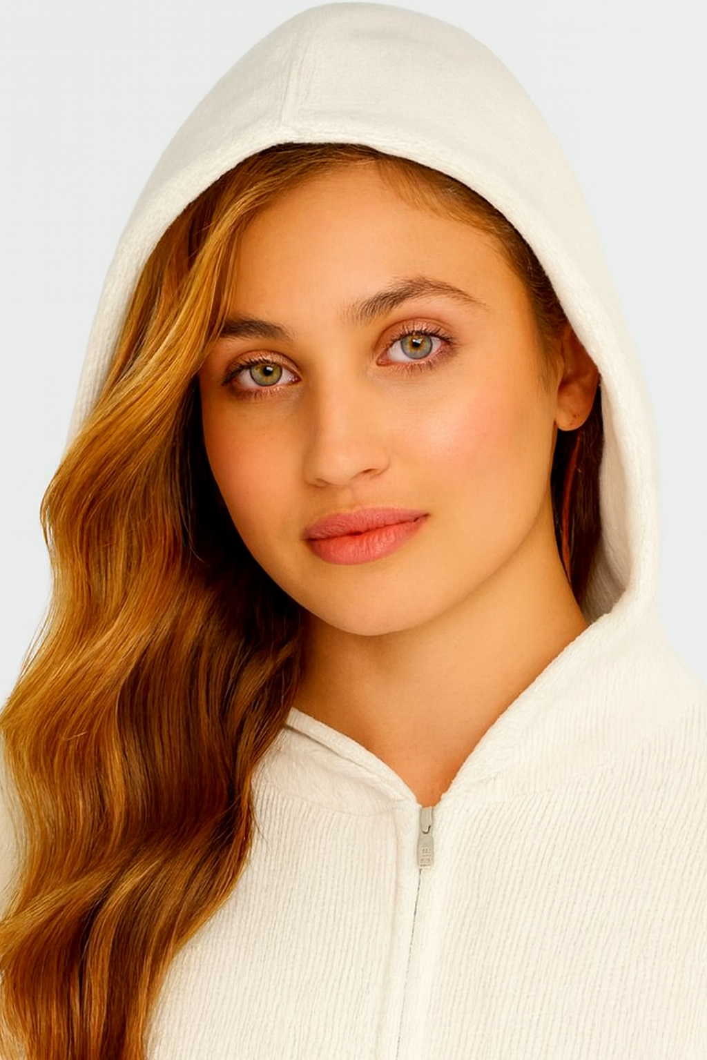 Polyester White Hooded Zip-Up Sweater | Soft Stretch Knit Sweatshirt