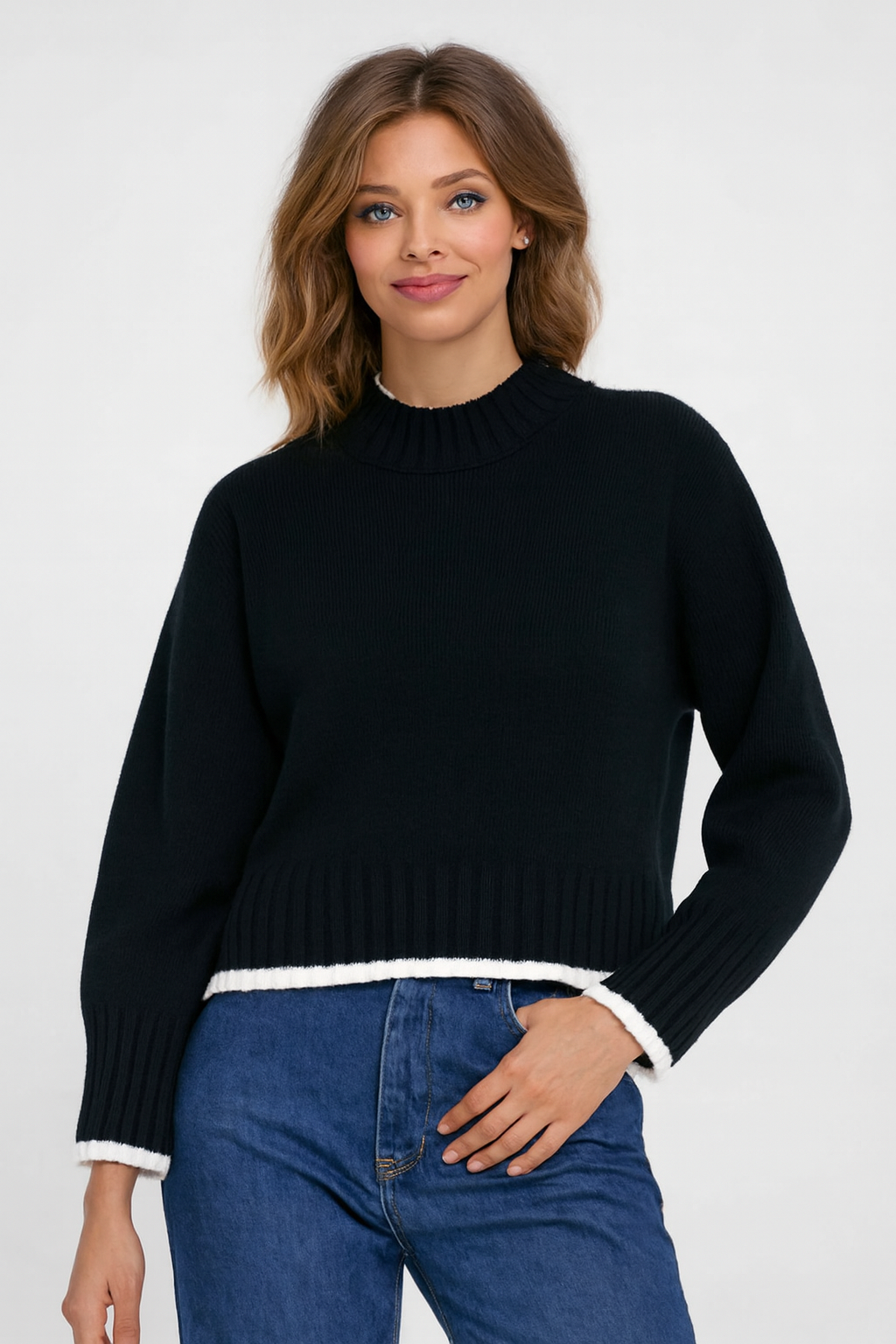 Black Down Shoulder Loose Fit Sweater | Ribbed Knit Winter Pullover | 100% Polyester