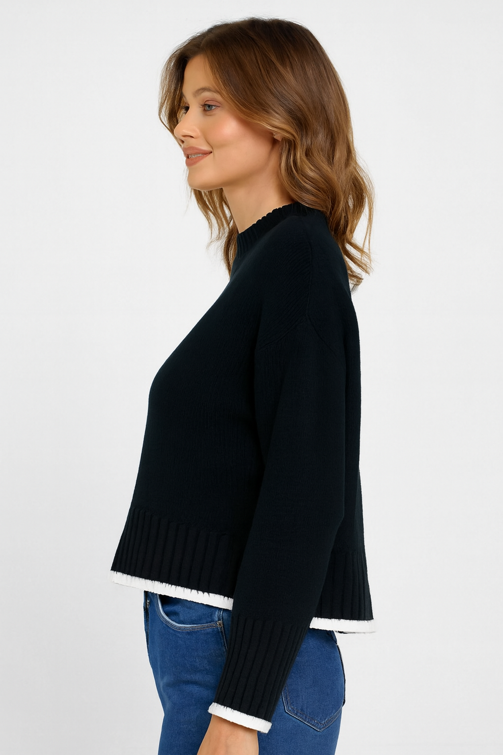 Black Down Shoulder Loose Fit Sweater | Ribbed Knit Winter Pullover | 100% Polyester