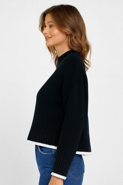 Black Down Shoulder Loose Fit Sweater | Ribbed Knit Winter Pullover | 100% Polyester