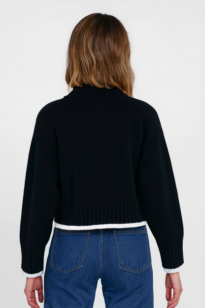 Black Down Shoulder Loose Fit Sweater | Ribbed Knit Winter Pullover | 100% Polyester