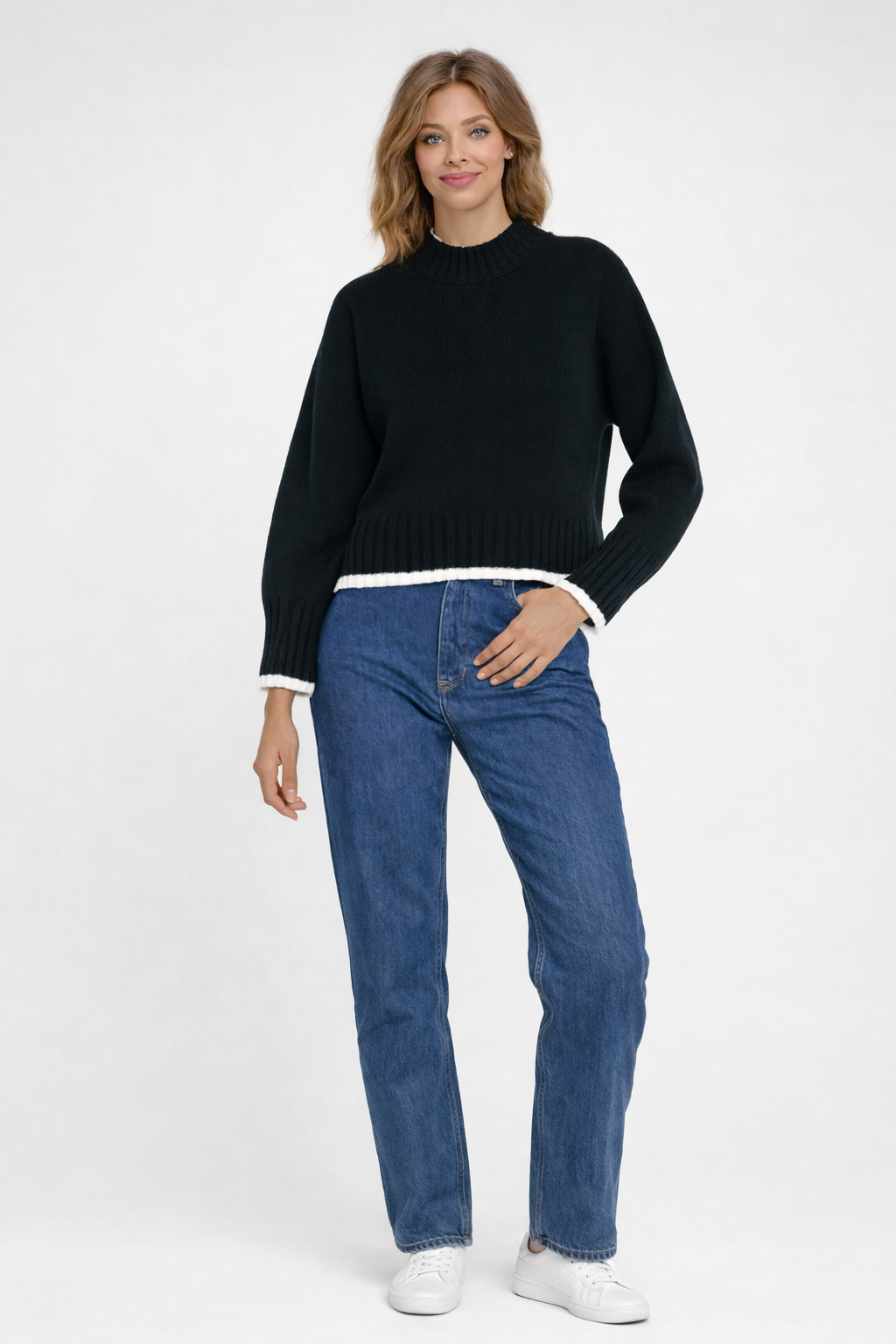 Black Down Shoulder Loose Fit Sweater | Ribbed Knit Winter Pullover | 100% Polyester