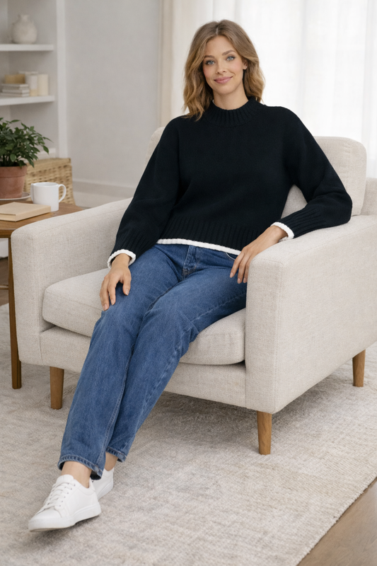 Black Down Shoulder Loose Fit Sweater | Ribbed Knit Winter Pullover | 100% Polyester