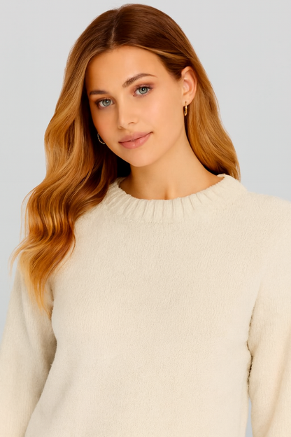 Cream Down Shoulder Loose Fit Sweater | Ribbed Knit Winter Pullover | 100% Polyester