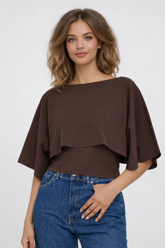 Brown Poncho Style Top | Cape Sleeve Loose Fit Blouse | Viscose Blend