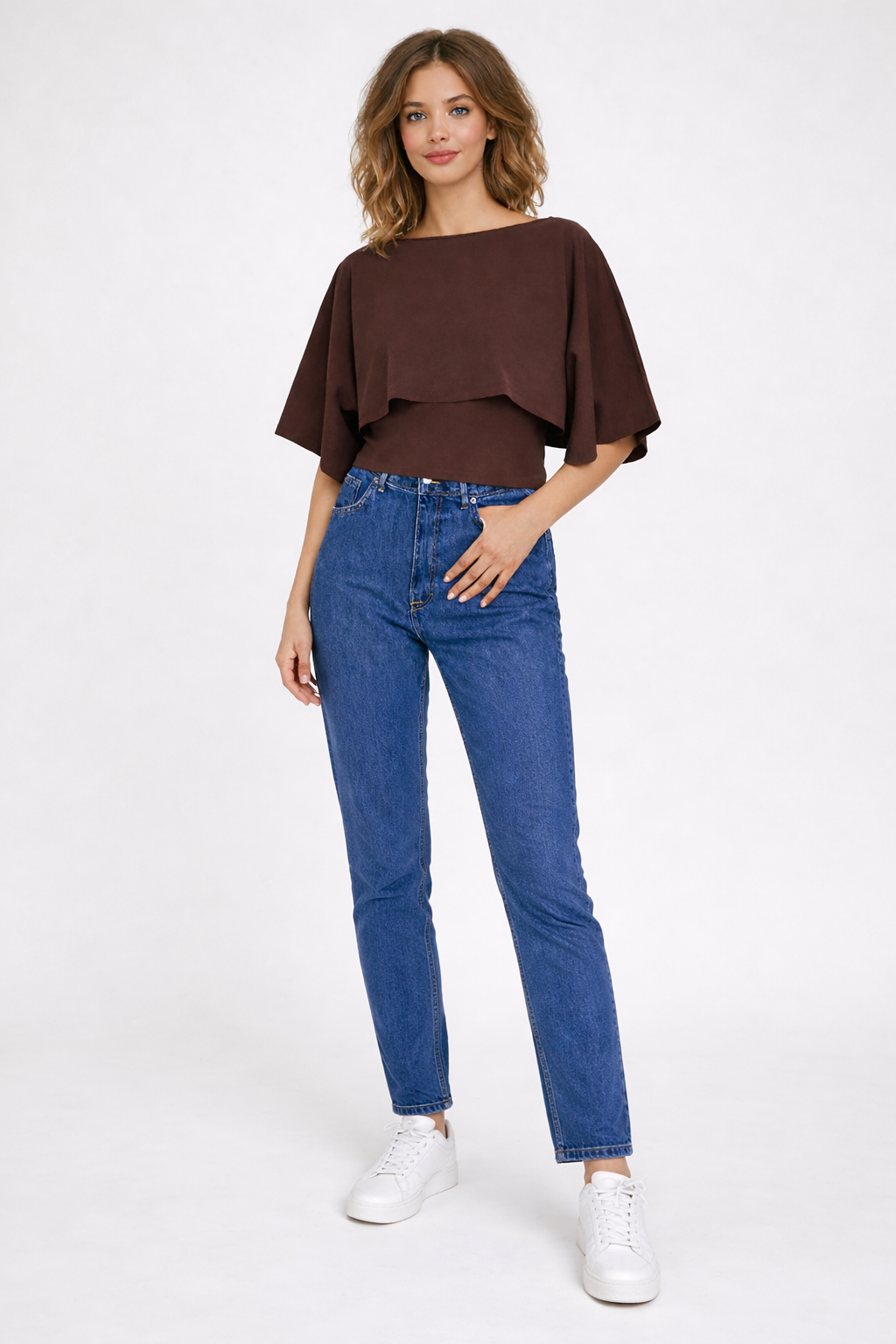 Brown Poncho Style Top | Cape Sleeve Loose Fit Blouse | Viscose Blend