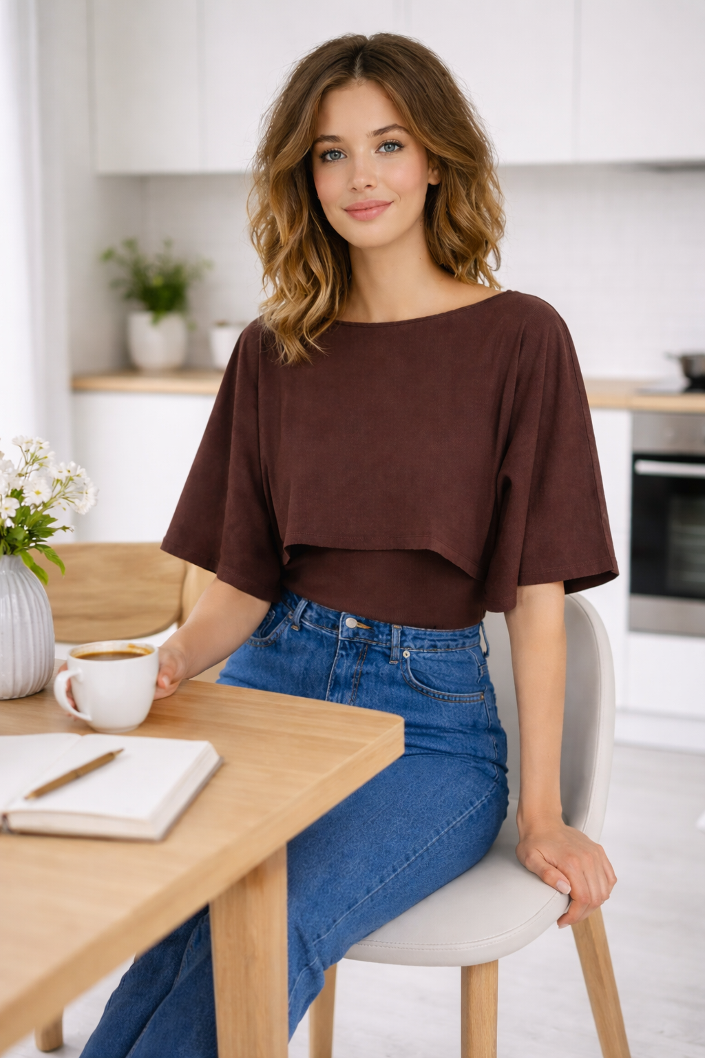 Brown Poncho Style Top | Cape Sleeve Loose Fit Blouse | Viscose Blend