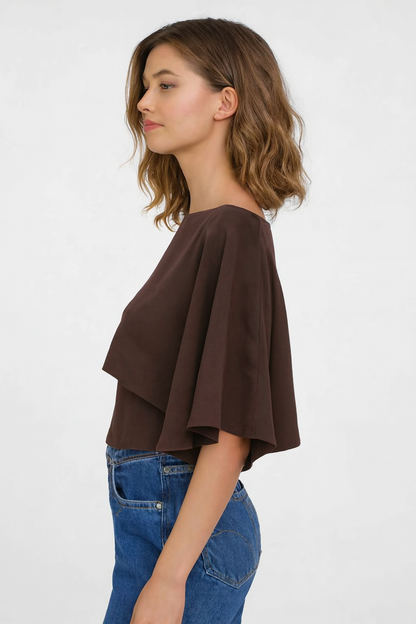 Brown Poncho Style Top | Cape Sleeve Loose Fit Blouse | Viscose Blend