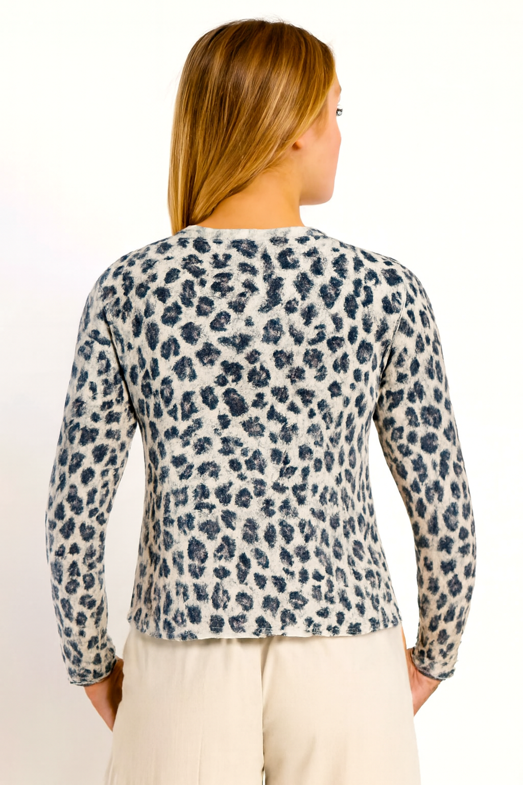 Light Beige Tiger Print Sweater | Soft Wool Blend Round Neck Pullover | Loose Fit Winter Knit Sweater