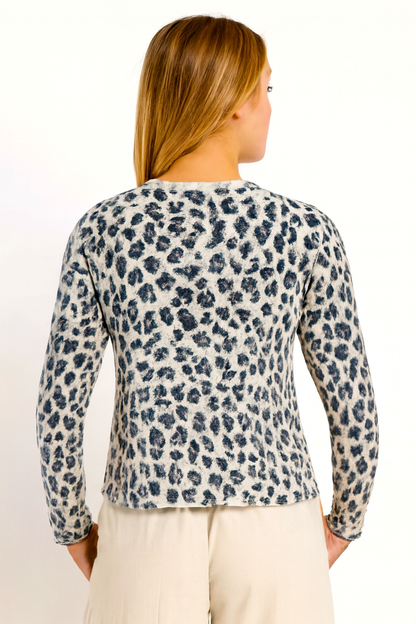 Light Beige Tiger Print Sweater | Soft Wool Blend Round Neck Pullover | Loose Fit Winter Knit Sweater