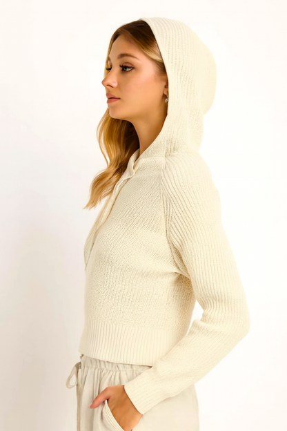 Cream Hooded Sweater | 100% Acrylic Knit Pullover | Down Shoulder Loose Fit Winter