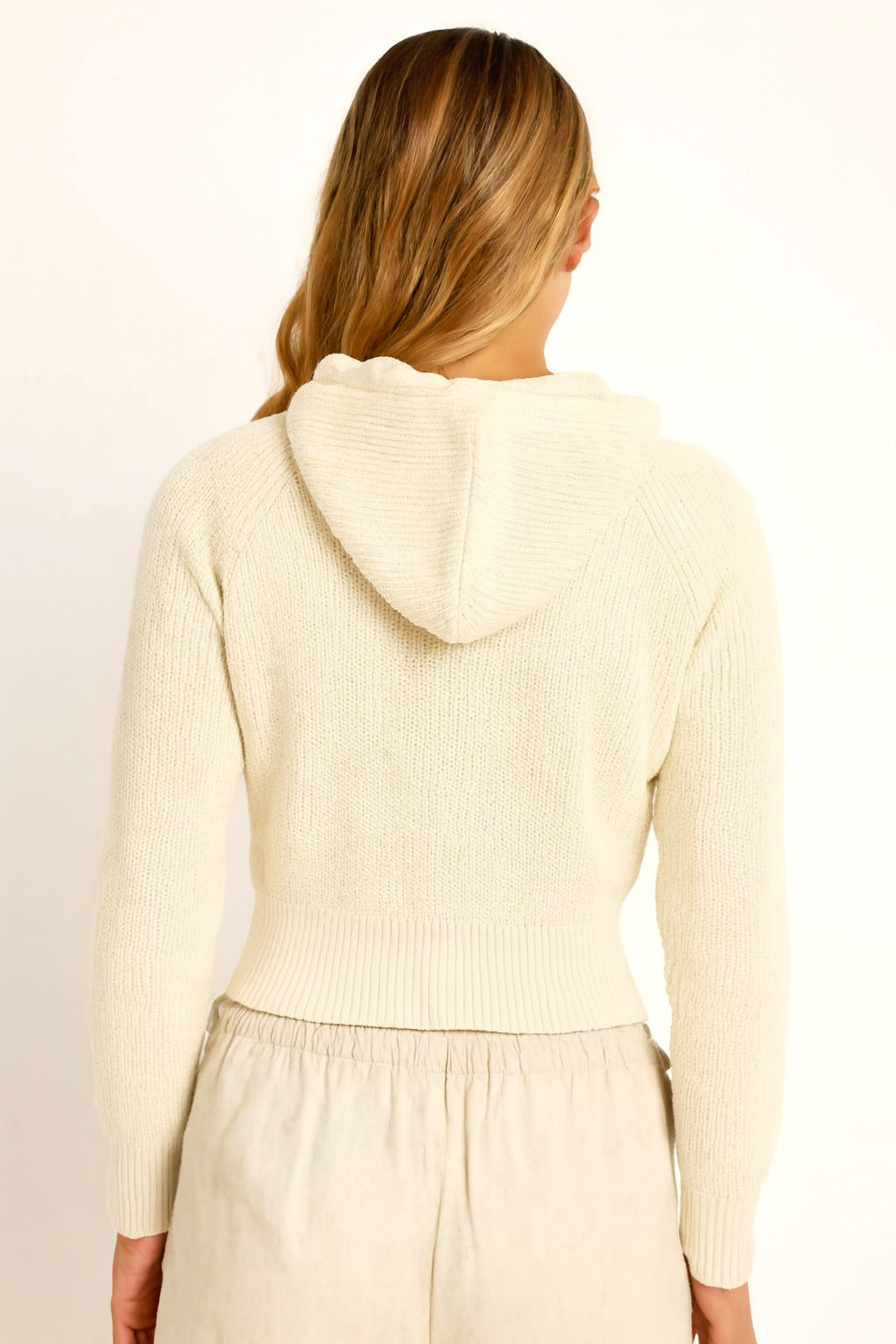 Cream Hooded Sweater | 100% Acrylic Knit Pullover | Down Shoulder Loose Fit Winter