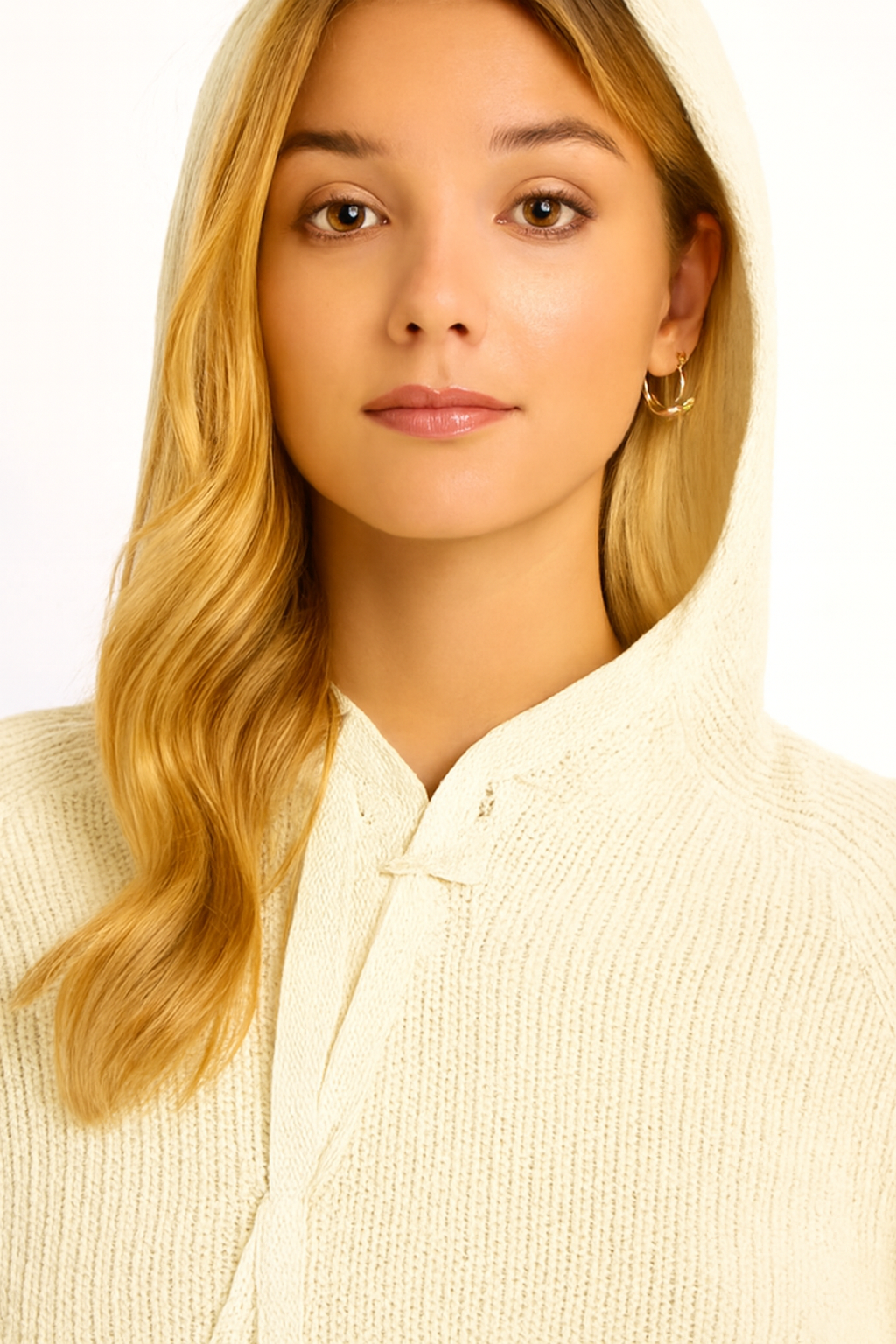 Cream Hooded Sweater | 100% Acrylic Knit Pullover | Down Shoulder Loose Fit Winter