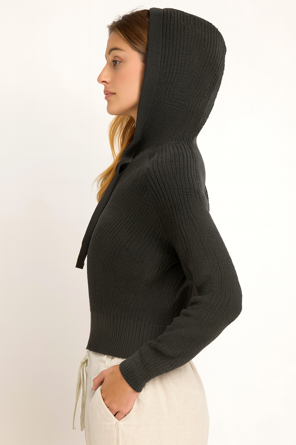 Dark Grey Hooded Sweater | 100% Acrylic Knit Pullover | Down Shoulder Loose Fit Winter