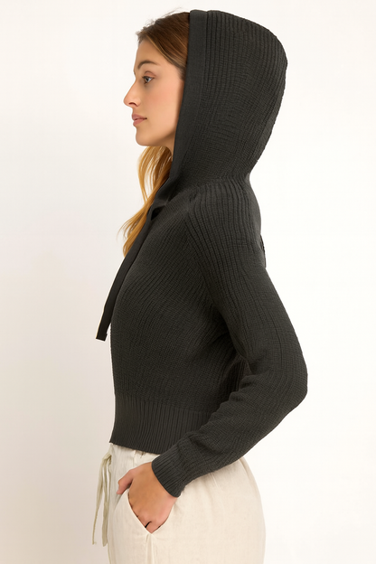 Dark Grey Hooded Sweater | 100% Acrylic Knit Pullover | Down Shoulder Loose Fit Winter