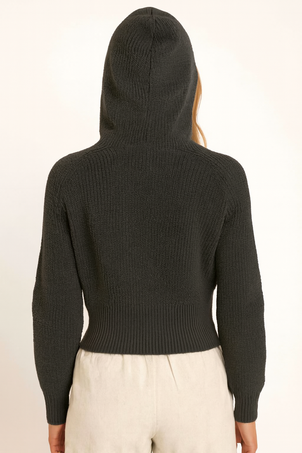 Dark Grey Hooded Sweater | 100% Acrylic Knit Pullover | Down Shoulder Loose Fit Winter