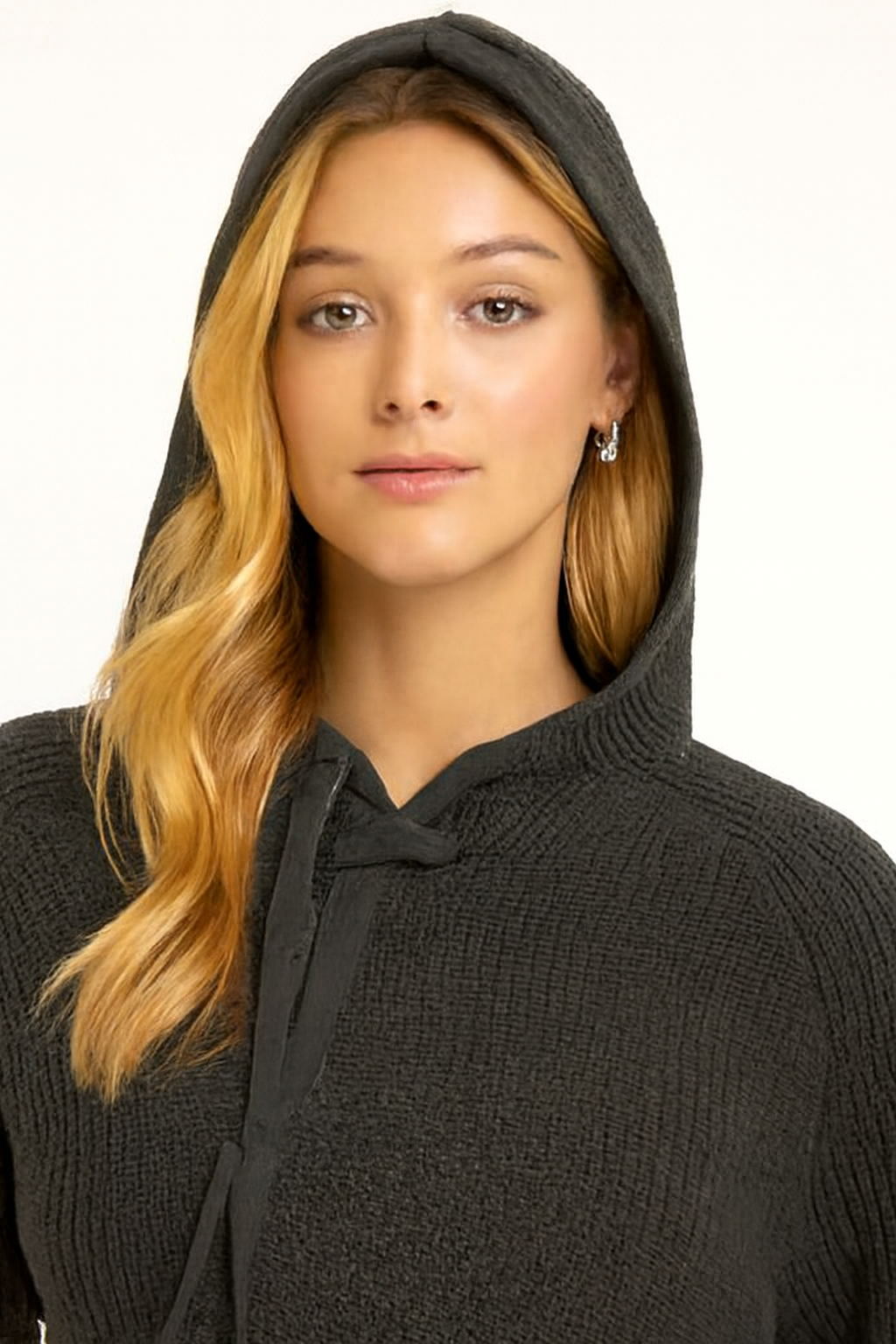 Dark Grey Hooded Sweater | 100% Acrylic Knit Pullover | Down Shoulder Loose Fit Winter