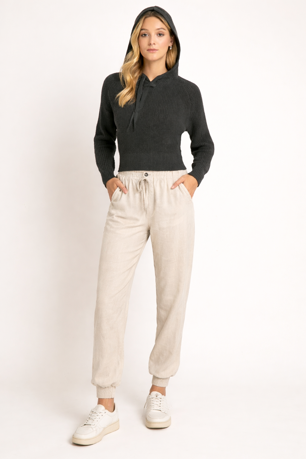 Dark Grey Hooded Sweater | 100% Acrylic Knit Pullover | Down Shoulder Loose Fit Winter