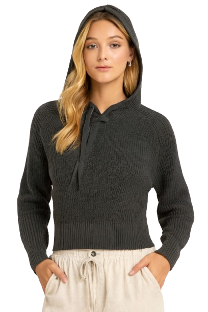 Dark Grey Hooded Sweater | 100% Acrylic Knit Pullover | Down Shoulder Loose Fit Winter