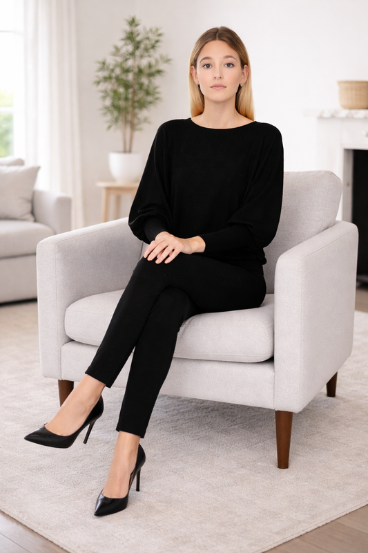 Black Poncho Style Acrylic Sweater Top | Loose Fit Batwing Sleeves | Winter Wear Pullover