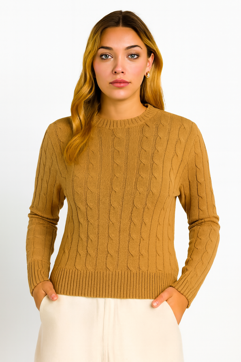Brown Cable Knit Cotton Sweater | Round Neck Full Sleeve Winter Pullover | Soft & Comfortable Knitwear