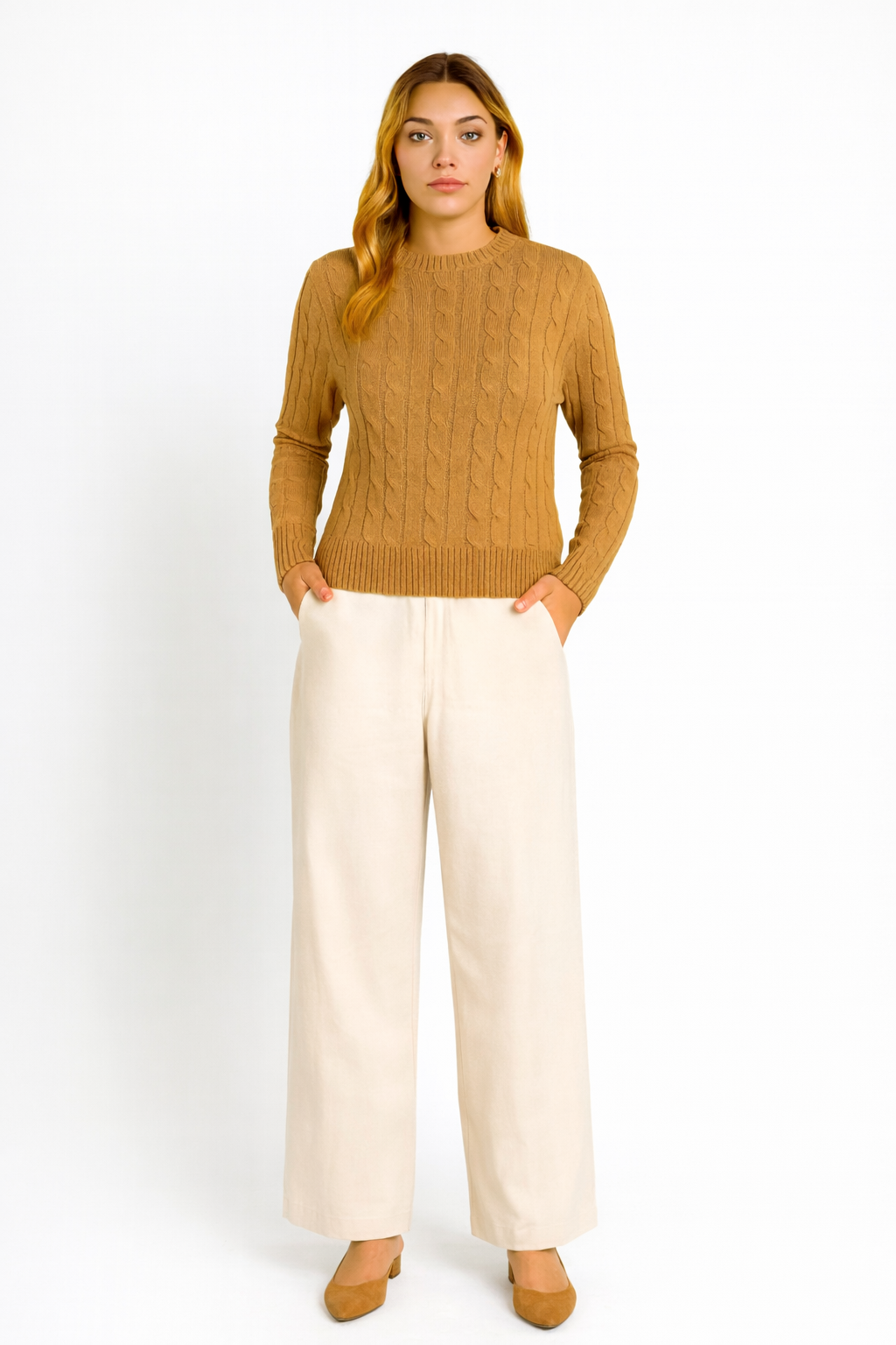 Brown Cable Knit Cotton Sweater | Round Neck Full Sleeve Winter Pullover | Soft & Comfortable Knitwear