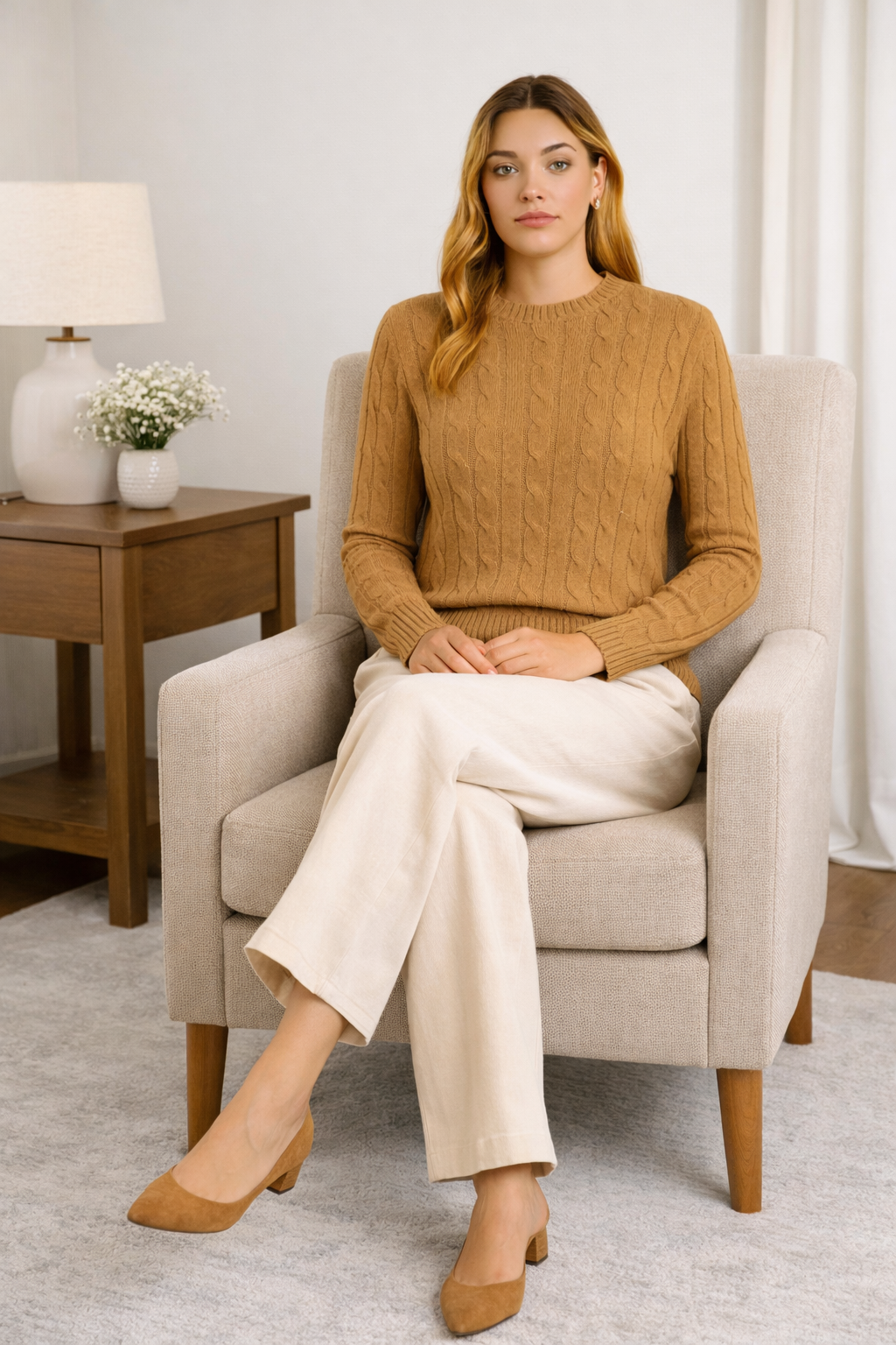 Brown Cable Knit Cotton Sweater | Round Neck Full Sleeve Winter Pullover | Soft & Comfortable Knitwear