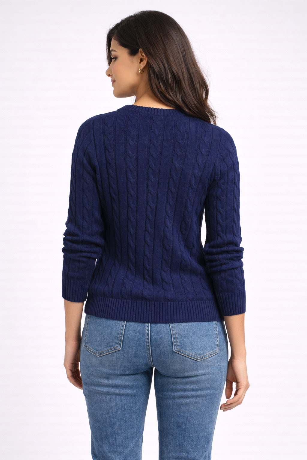 Dark Blue Cable Knit Cotton Sweater | Round Neck Full Sleeve Winter Pullover | Soft & Comfortable Knitwear