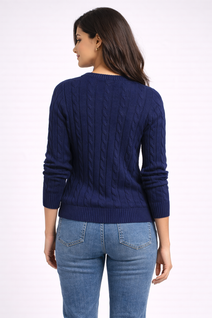 Dark Blue Cable Knit Cotton Sweater | Round Neck Full Sleeve Winter Pullover | Soft & Comfortable Knitwear
