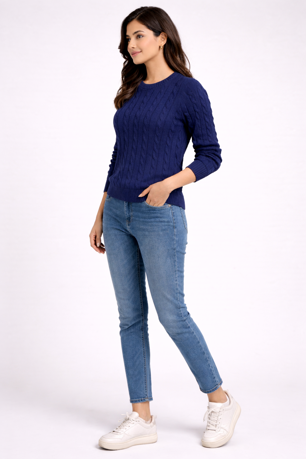 Dark Blue Cable Knit Cotton Sweater | Round Neck Full Sleeve Winter Pullover | Soft & Comfortable Knitwear