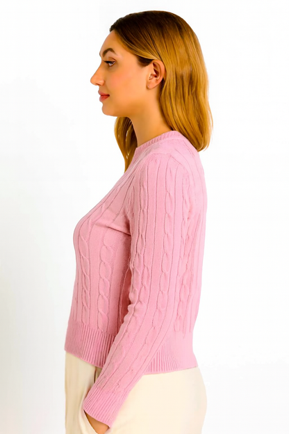 Pink Cable Knit Cotton Sweater | Round Neck Full Sleeve Winter Pullover | Soft & Comfortable Knitwear