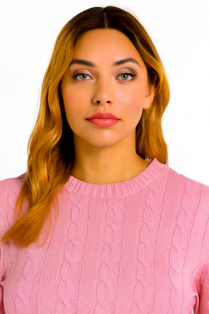 Pink Cable Knit Cotton Sweater | Round Neck Full Sleeve Winter Pullover | Soft & Comfortable Knitwear