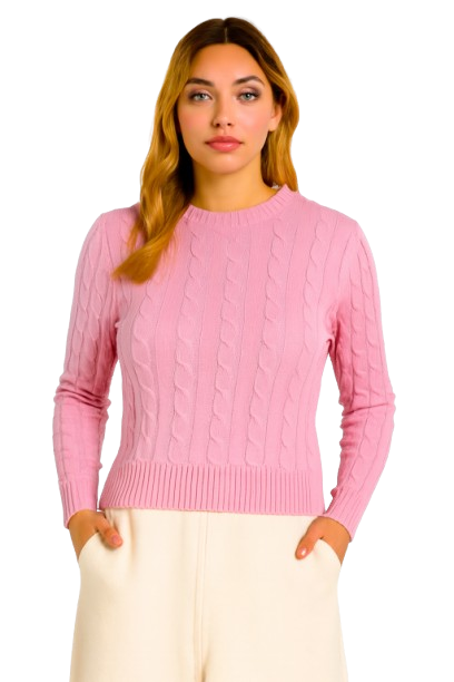 Pink Cable Knit Cotton Sweater | Round Neck Full Sleeve Winter Pullover | Soft & Comfortable Knitwear