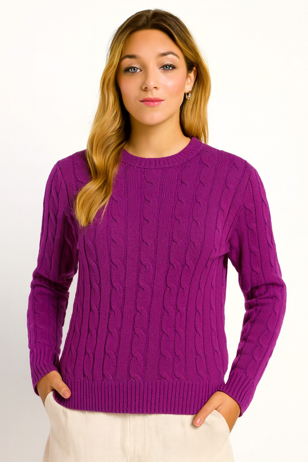 Purple Cable Knit Cotton Sweater | Round Neck Full Sleeve Winter Pullover | Soft & Comfortable Knitwear
