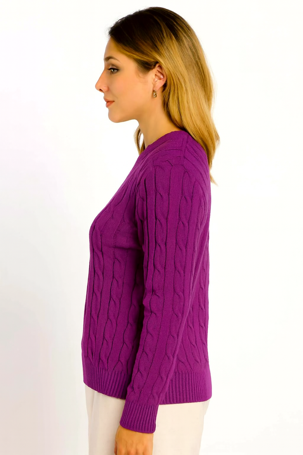 Purple Cable Knit Cotton Sweater | Round Neck Full Sleeve Winter Pullover | Soft & Comfortable Knitwear